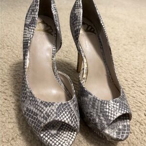 Fergalicious Gray and White Peep-Toe Heels